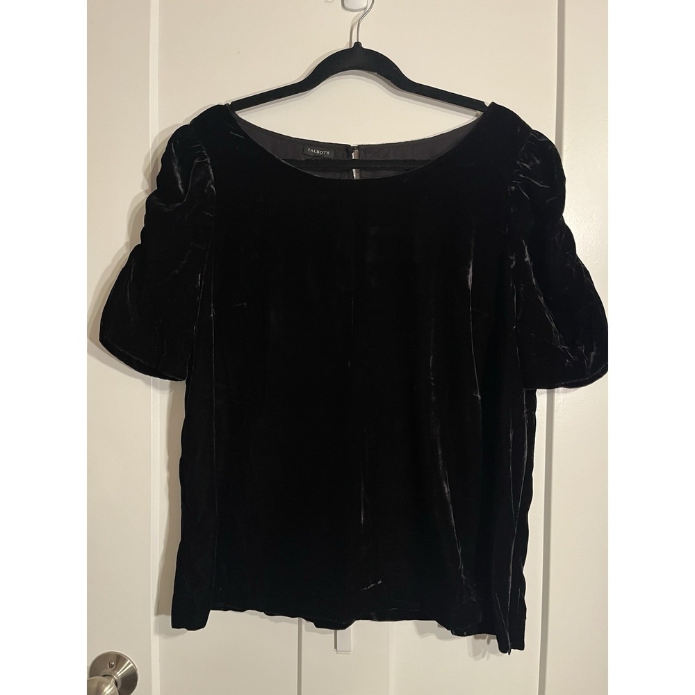 Talbots Womens XL Black Velvet Puff Sleeve Blouse Boat Neck Holiday Party Top